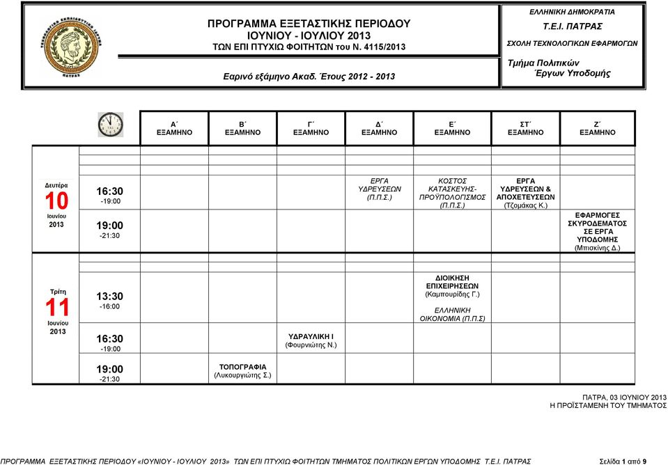 ΟΥ ΙΟΥΝΙΟΥ - ΙΟΥΛΙΟΥ 2013 ΤΩΝ ΕΠΙ ΠΤΥΧΙΩ ΦΟΙΤΗΤΩΝ του Ν. 4115/2013 Εαρινό εξάμηνο Ακαδ. Έτους 2012-2013 ΕΛΛΗΝΙΚΗ ΗΜΟΚΡΑΤΙΑ Τ.Ε.Ι. ΠΑΤΡΑΣ ΣΧΟΛΗ ΤΕΧΝΟΛΟΓΙΚΩΝ