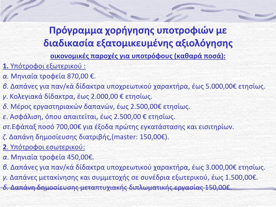 500,00 ετησίως. στ.εφάπαξ ποσό 700,00 για έξοδα πρώτης εγκατάστασης και εισιτηρίων. ζ. Δαπάνη δημοσίευσης διατριβής,(master: 150,00 ). 2. Υπότροφοι εσωτερικού: α. Μηνιαία τροφεία 450,00. β.