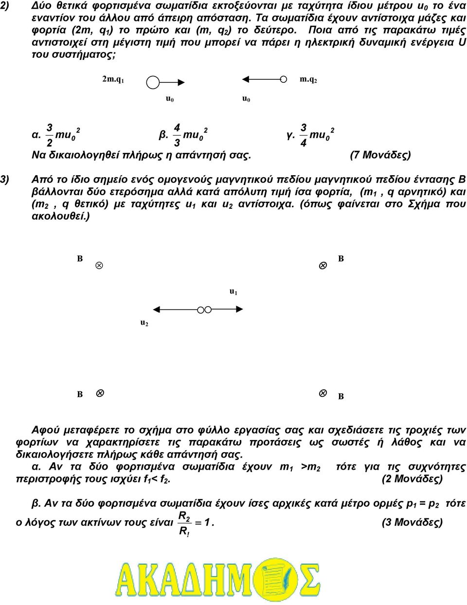 (7 Μονάδες) ) πό το ίδιο σηµείο ενός οµογενούς µαγνητικού πεδίου µαγνητικού πεδίου έντασης βάλλονται δύο ετερόσηµα αλλά κατά απόλυτη τιµή ίσα φορτία, (, αρνητικό) και (, θετικό) µε ταχύτητες και