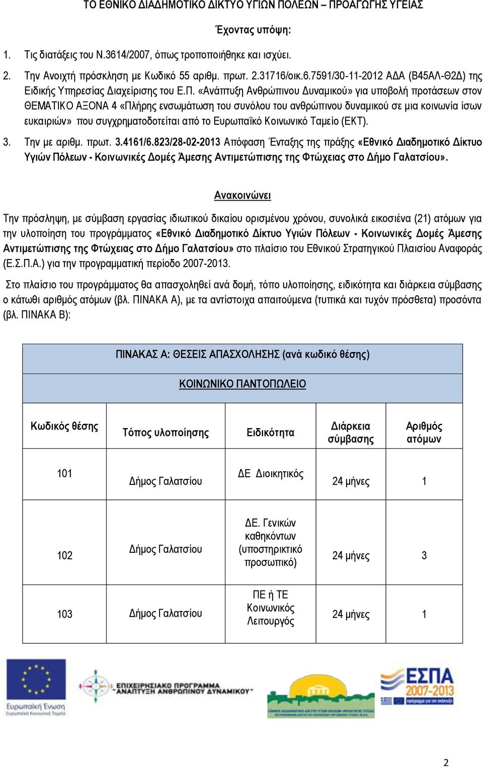 Ευρωπαϊκό Κοινωνικό Ταμείο (ΕΚΤ). 3. Την με αριθμ. πρωτ. 3.46/6.