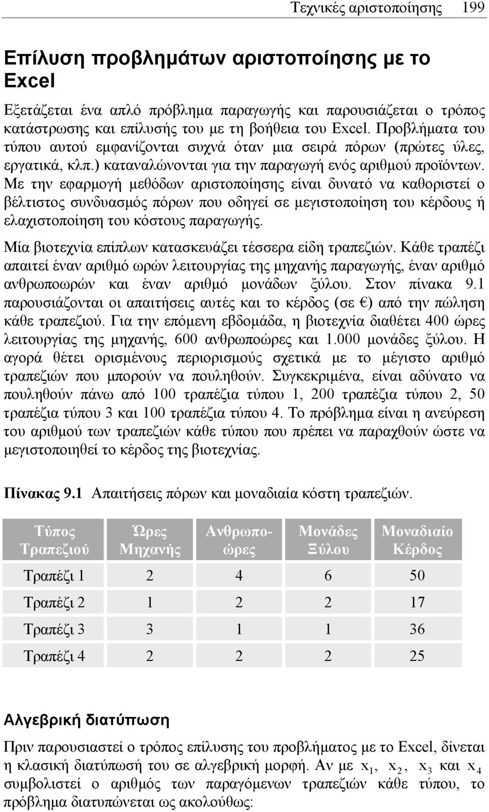 Με την εφαρµογή µεθόδων αριστοποίησης είναι δυνατό να καθοριστεί ο βέλτιστος συνδυασµός πόρων που οδηγεί σε µεγιστοποίηση του κέρδους ή ελαχιστοποίηση του κόστους παραγωγής.