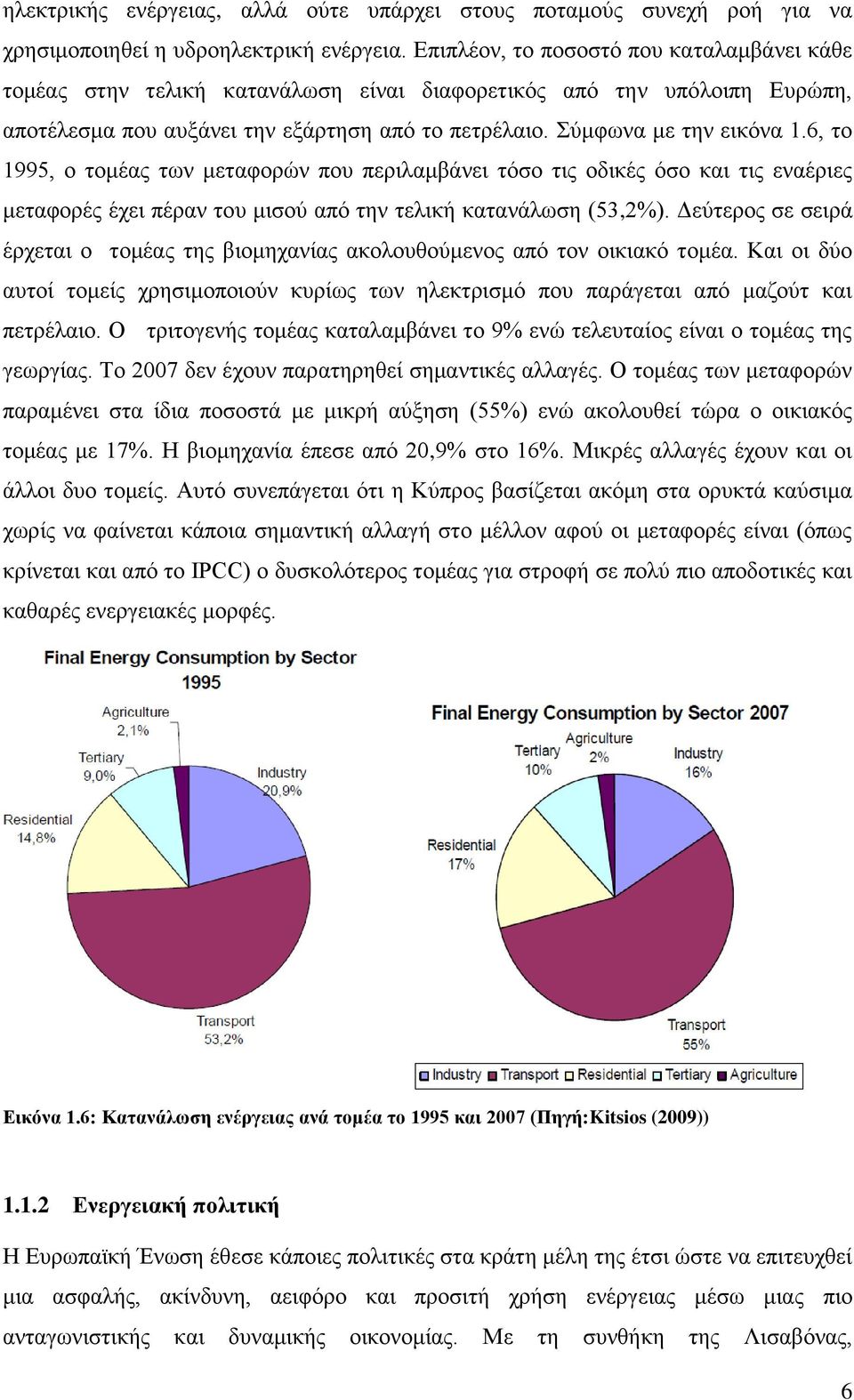 6, το 1995, ο τομέας των μεταφορών που περιλαμβάνει τόσο τις οδικές όσο και τις εναέριες μεταφορές έχει πέραν του μισού από την τελική κατανάλωση (53,2%).