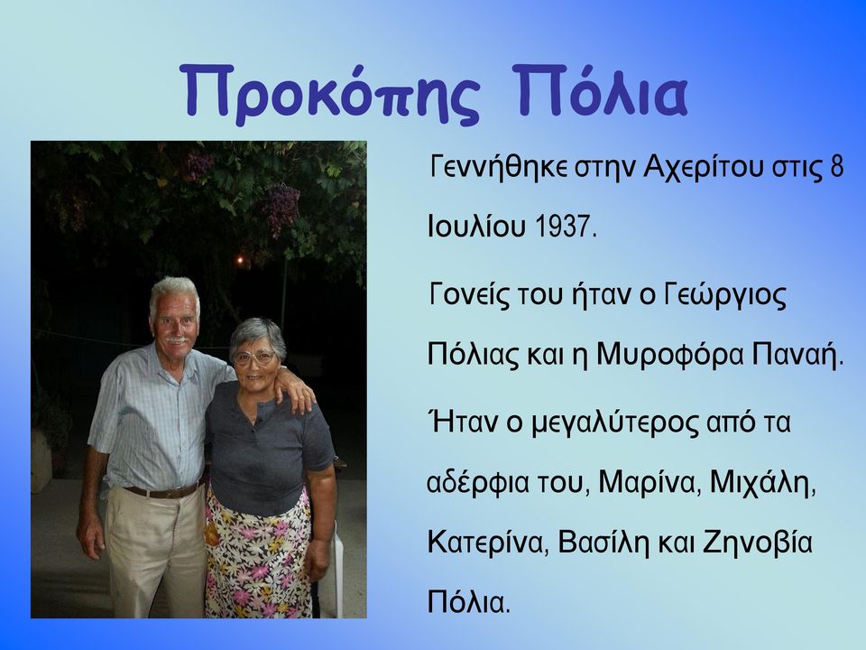 Γονείς του ήταν ο Γεώργιος Πόλιας και η Μυροφόρα