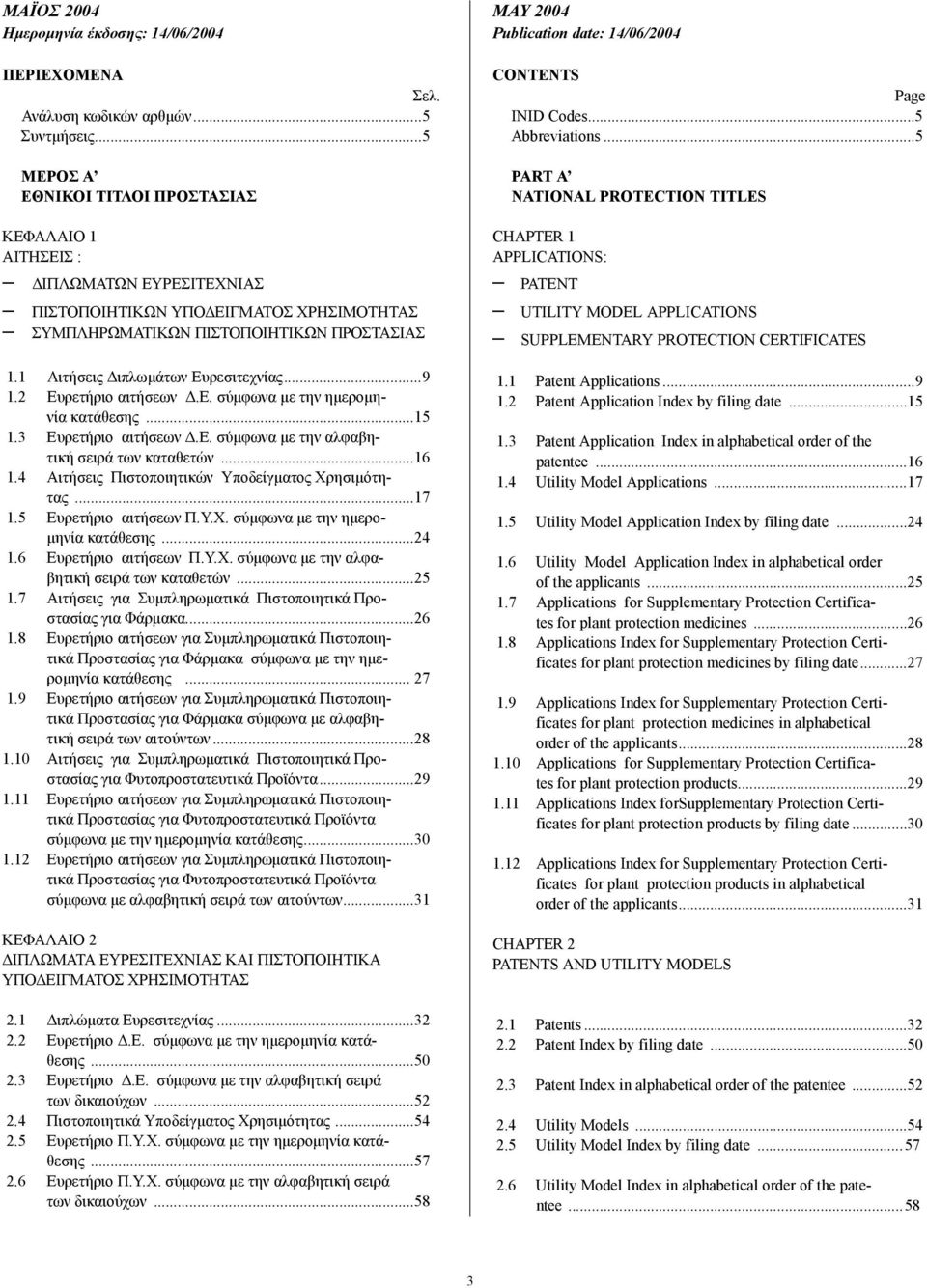 1 Αιτήσεις ιπλωµάτων Ευρεσιτεχνίας...9 1.2 Ευρετήριο αιτήσεων.ε. σύµφωνα µε την ηµεροµηνία κατάθεσης...15 1.3 Ευρετήριο αιτήσεων.ε. σύµφωνα µε την αλφαβητική σειρά των καταθετών...16 1.