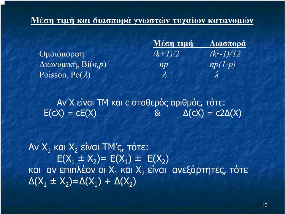 αριθµός, τότε: Ε(cΧ) = cε(χ) & (cχ) = c2 (Χ) Αν Χ 1 και Χ 2 είναι ΤΜ ς, τότε: Ε(Χ 1 ± Χ 2 )=