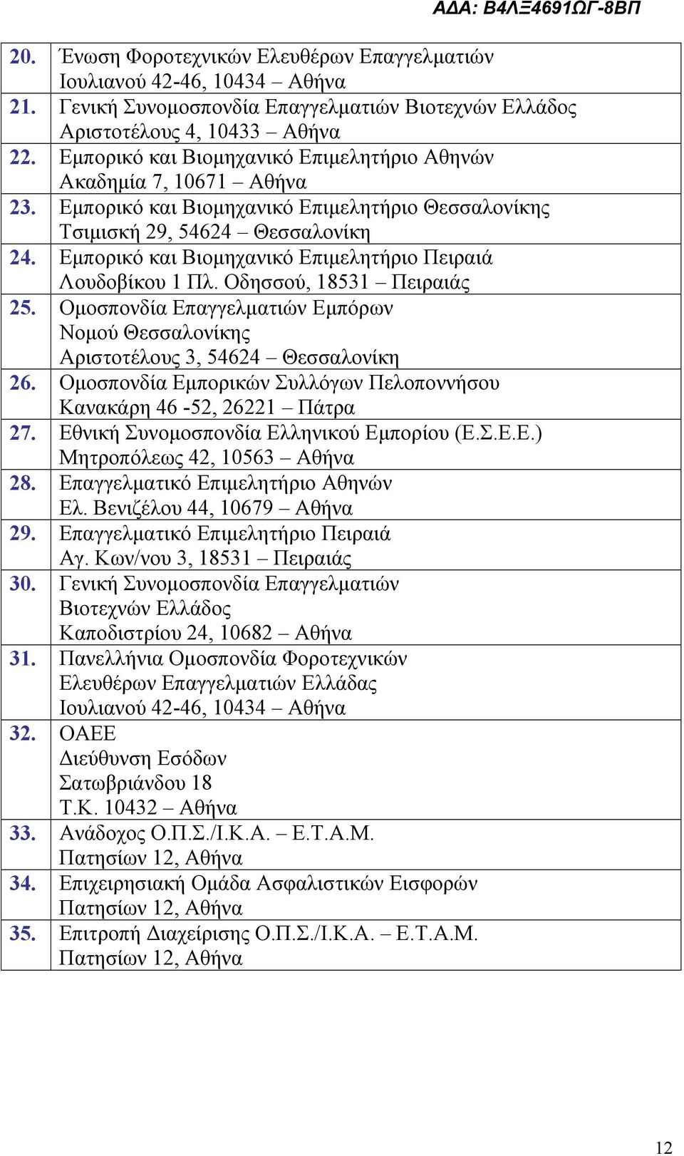 Εμπορικό και Βιομηχανικό Επιμελητήριο Πειραιά Λουδοβίκου 1 Πλ. Οδησσού, 18531 Πειραιάς 25. Ομοσπονδία Επαγγελματιών Εμπόρων Νομού Θεσσαλονίκης Αριστοτέλους 3, 54624 Θεσσαλονίκη 26.