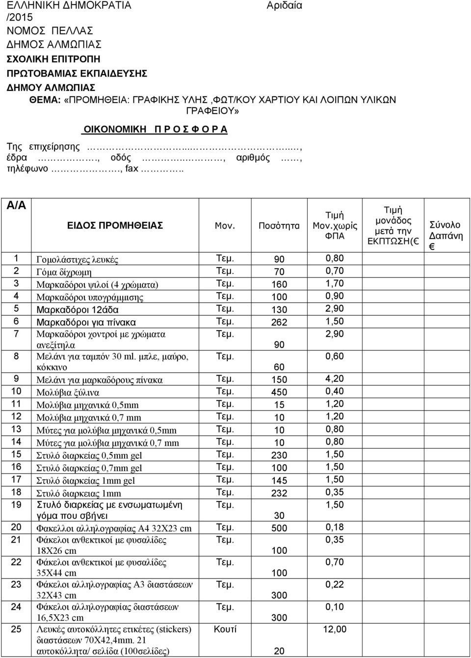 χωρίς ΦΠΑ 1 Γομολάστιχες λευκές 90 0,80 2 Γόμα δίχρωμη 70 0,70 3 Μαρκαδόροι ψιλοί (4 χρώματα) 1 1,70 4 Μαρκαδόροι υπογράμμισης 0,90 5 Μαρκαδόροι 12άδα 130 2,90 6 Μαρκαδόροι για πίνακα 262 1,50 7