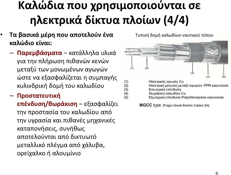 μηχανικές καταπονήσεις, συνήθως αποτελούνται από δικτυωτό μεταλλικό πλέγμα από χάλυβα, ορείχαλκο ή αλουμίνιο Τυπική δομή καλωδίων ναυτικού τύπου (1) Ηλεκτρικός αγωγός Cu (2)