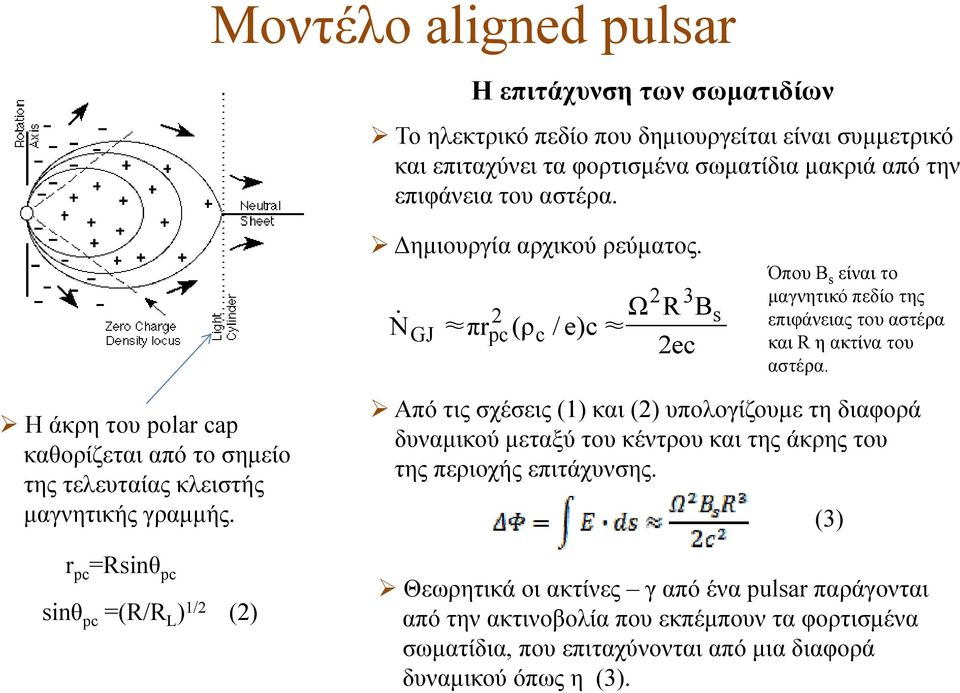 Από τις σχέσεις (1) και (2) υπολογίζουμε τη διαφορά Η άκρη του polar cap δυναμικού μεταξύ του κέντρου και της άκρης του καθορίζεται από το σημείο της περιοχής επιτάχυνσης.