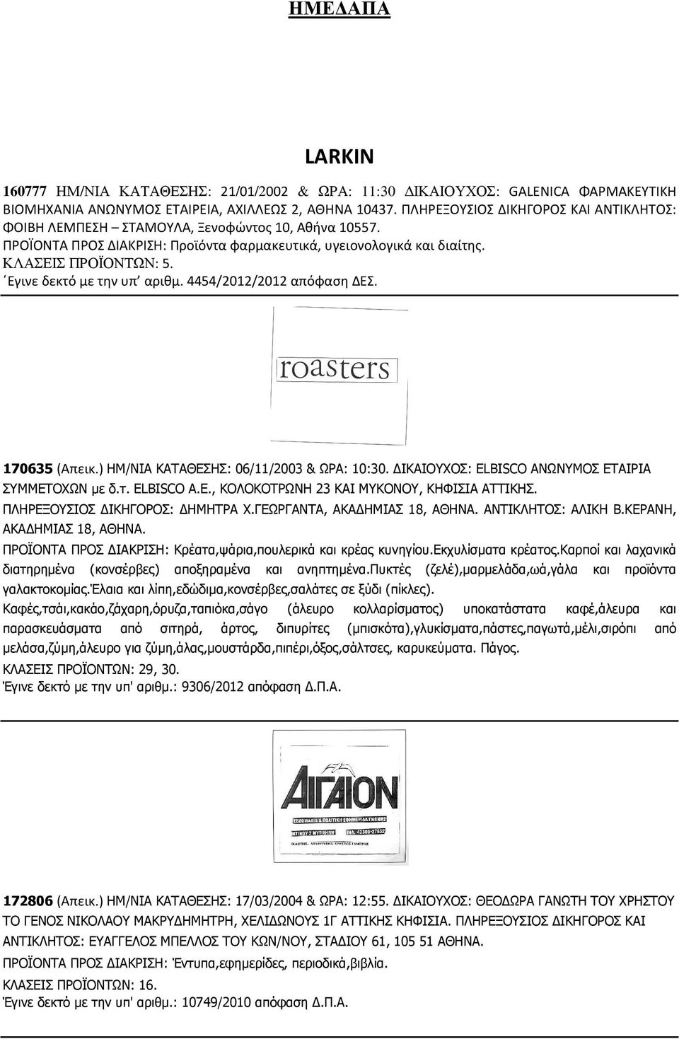 Εγινε δεκτό με την υπ αριθμ. 4454/2012/2012 απόφαση ΔΕΣ. 170635 (Απεικ.) ΗΜ/ΝΙΑ ΚΑΤΑΘΕΣΗΣ: 06/11/2003 & ΩΡΑ: 10:30. ΙΚΑΙΟΥΧΟΣ: ΕLBISCO ΑΝΩΝΥΜOΣ ΕΤΑΙΡΙΑ ΣΥΜΜΕΤΟΧΩΝ µε δ.τ. EL