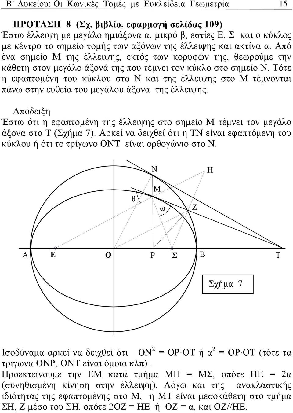 Aπό έν σηµείο Μ της έλλειψης, εκτός των κορυφών της, θεωρούµε την κάθετη στον µεγάλο άξονά της που τέµνει τον κύκλο στο σηµείο Ν.