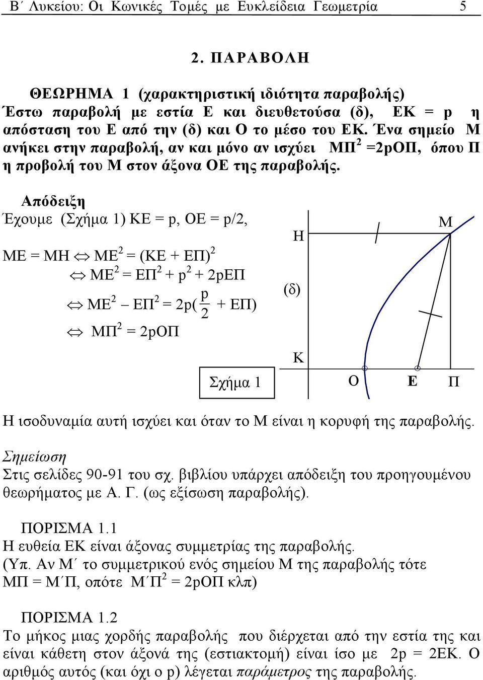 Απόδειξη Έχουµε (Σχήµ 1) KΕ = p, ΟΕ = p/, ΜΕ = ΜΗ ΜΕ = (ΚΕ + EΠ) ΜΕ = ΕΠ + p + peπ ΜΕ ΕΠ = p( p + EΠ) Η (δ) M ΜΠ = poπ K Σχήµ 1 O E Π Η ισοδυνµί υτή ισχύει κι ότν το Μ είνι η κορυφή της πρβολής.