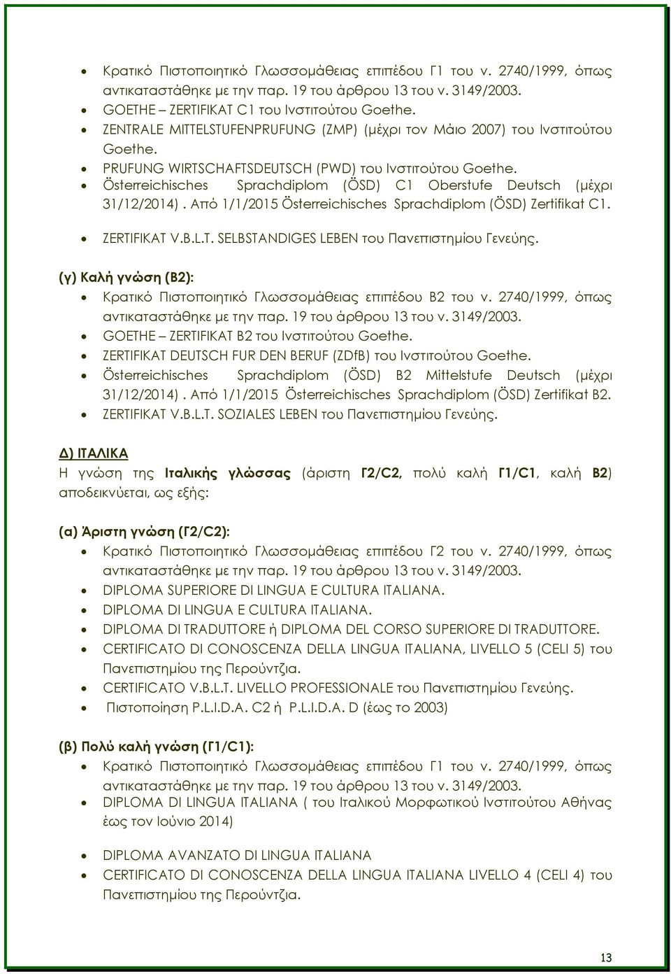 ZERTIFIKAT V.B.L.T. SELBSTANDIGES LEBEN του Πανεπιστημίου Γενεύης. (γ) Καλή γνώση (Β2): Κρατικό Πιστοποιητικό Γλωσσομάθειας επιπέδου Β2 του ν.