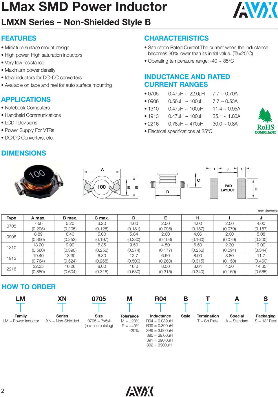 CHARACTERISTICS Saturation Rated Current:The current when the inductance becomes 30% lower than its initial value.