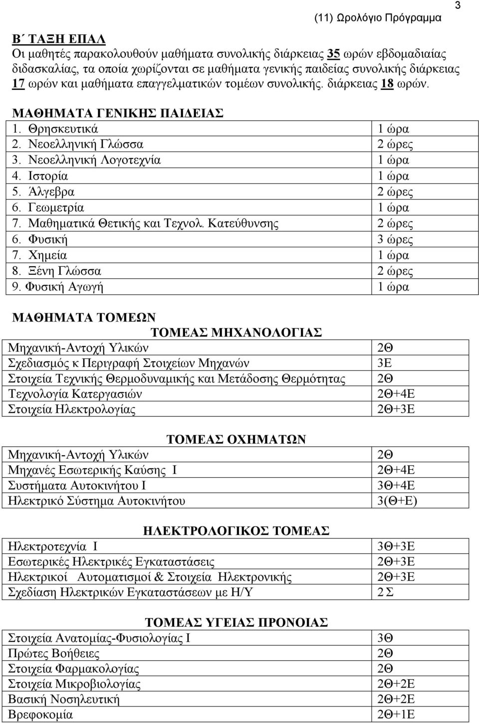 Γεωμετρία 1 ώρα 7. Μαθηματικά Θετικής και Τεχνολ. Κατεύθυνσης 2 ώρες 6. Φυσική 3 ώρες 7. Χημεία 1 ώρα 8. Ξένη Γλώσσα 2 ώρες 9.