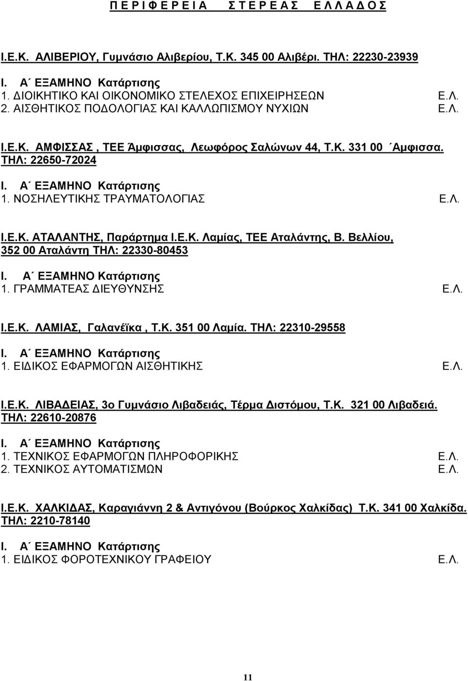 Βελλίου, 352 00 Αταλάντη ΤΗΛ: 22330-80453 1. ΓΡΑΜΜΑΤΕΑΣ ΙΕΥΘΥΝΣΗΣ Ι.Ε.Κ. ΛΑΜΙΑΣ, Γαλανέϊκα, Τ.Κ. 351 00 Λαµία. ΤΗΛ: 22310-29558 1. ΕΙ ΙΚΟΣ ΕΦΑΡΜΟΓΩΝ ΑΙΣΘΗΤΙΚΗΣ Ι.Ε.Κ. ΛΙΒΑ ΕΙΑΣ, 3ο Γυµνάσιο Λιβαδειάς, Τέρµα ιστόµου, Τ.