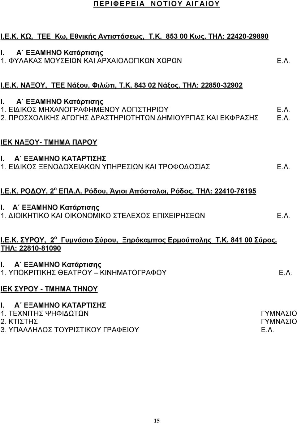 ΕΙ ΙΚΟΣ ΞΕΝΟ ΟΧΕΙΑΚΩΝ ΥΠΗΡΕΣΙΩΝ ΚΑΙ ΤΡΟΦΟ ΟΣΙΑΣ Ι.Ε.Κ. ΡΟ ΟΥ, 2 ο ΕΠΑ.Λ. Ρόδου, Άγιοι Απόστολοι, Ρόδος. ΤΗΛ: 22410-76195 1. ΙΟΙΚΗΤΙΚΟ ΚΑΙ ΟΙΚΟΝΟΜΙΚΟ ΣΤΕΛΕΧΟΣ ΕΠΙΧΕΙΡΗΣΕΩΝ Ι.Ε.Κ. ΣΥΡΟΥ, 2 ο Γυµνάσιο Σύρου, Ξηρόκαµπος Ερµούπολης Τ.