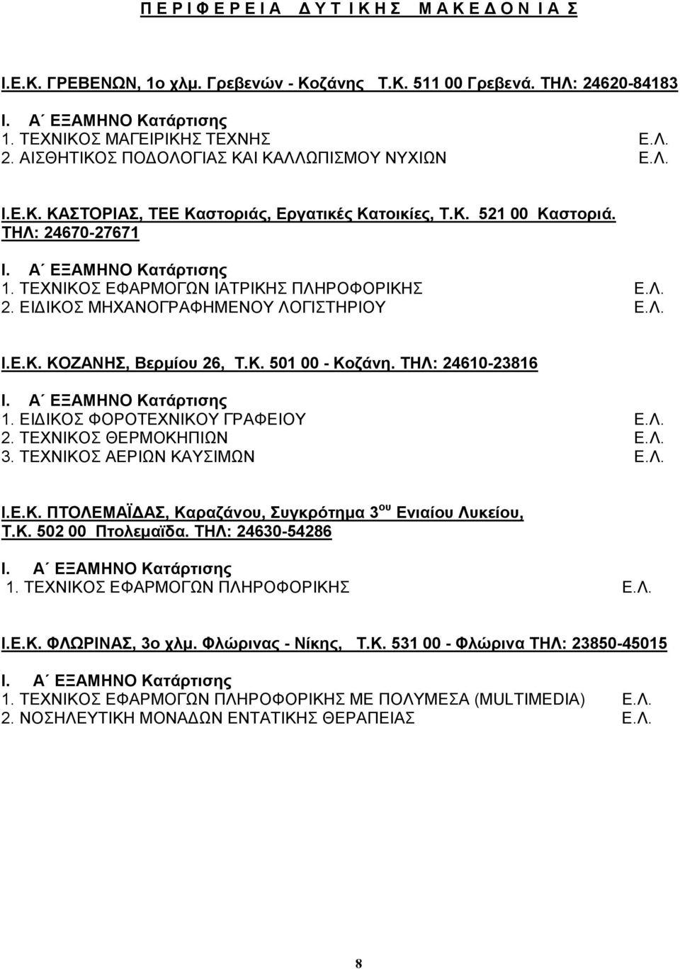 ΕΙ ΙΚΟΣ ΜΗΧΑΝΟΓΡΑΦΗΜΕΝΟΥ ΛΟΓΙΣΤΗΡΙΟΥ Ι.Ε.Κ. ΚΟΖΑΝΗΣ, Βερµίου 26, Τ.Κ. 501 00 - Κοζάνη. ΤΗΛ: 24610-23816 1. ΕΙ ΙΚΟΣ ΦΟΡΟΤΕΧΝΙΚΟΥ ΓΡΑΦΕΙΟΥ 2. ΤΕΧΝΙΚΟΣ ΘΕΡΜΟΚΗΠΙΩΝ 3. ΤΕΧΝΙΚΟΣ ΑΕΡΙΩΝ ΚΑΥΣΙΜΩΝ Ι.Ε.Κ. ΠΤΟΛΕΜΑΪ ΑΣ, Καραζάνου, Συγκρότηµα 3 ου Ενιαίου Λυκείου, Τ.