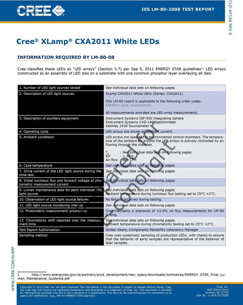 Description of LED light sources XLamp CXA2011 White LEDs (Series: CXA2011) All measurements provided are LED array measurements. 3.