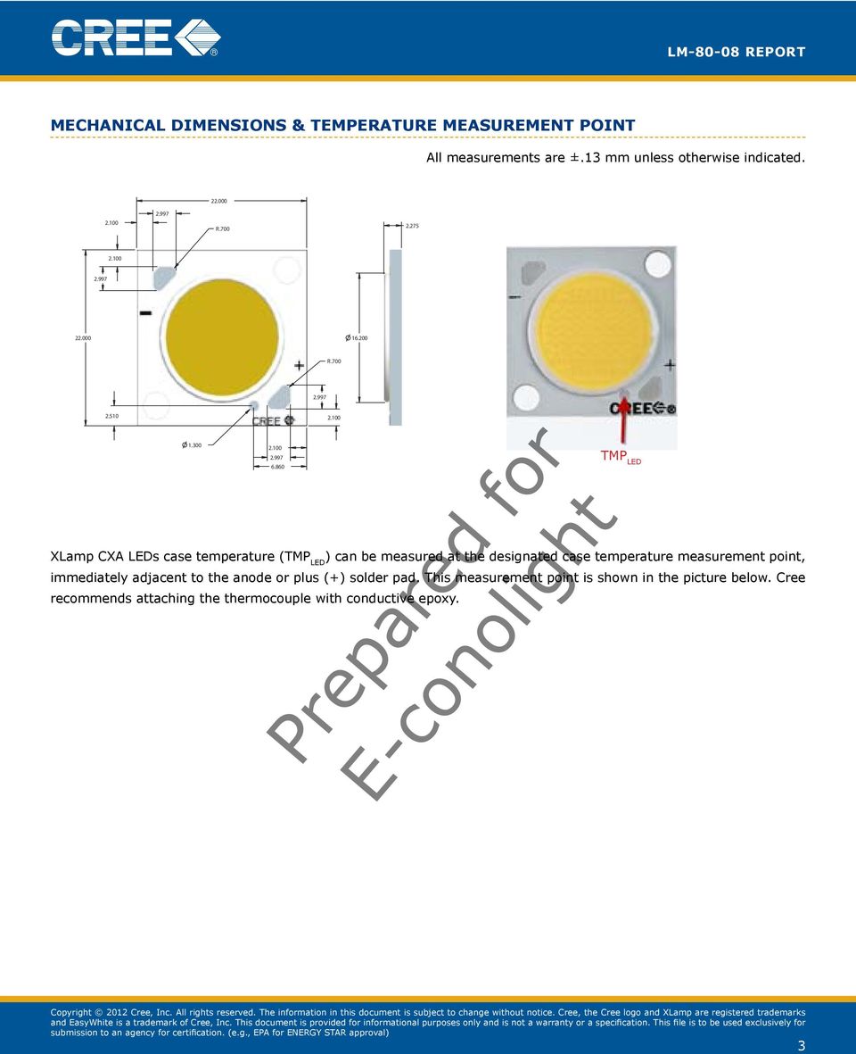 860 XLamp CXA LEDs case temperature (TMP LED ) can be measured at the designated case temperature measurement point,
