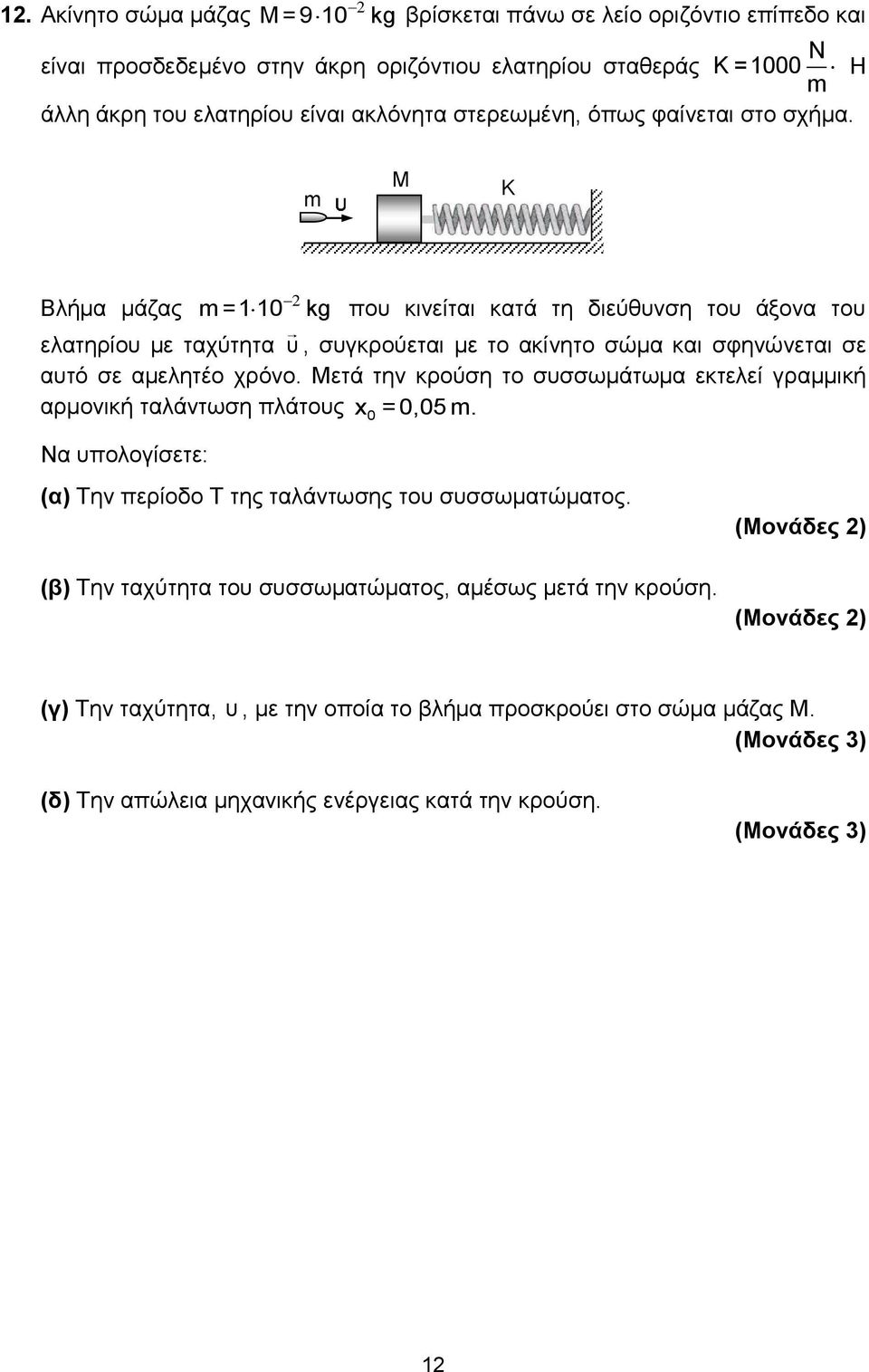 m Μ K Βλήμα μάζας m =1 10 kg που κινείται κατά τη διεύθυνση του άξονα του ελατηρίου με ταχύτητα υ, συγκρούεται με το ακίνητο σώμα και σφηνώνεται σε αυτό σε αμελητέο χρόνο.