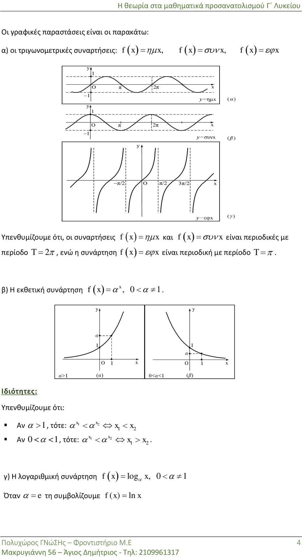 είναι περιοδική με περίοδο β) Η εκθετική συνάρτηση, α α O O α> (α) <α< (β) Ιδιότητες: Υπενθυμίζουμε ότι: Αν, τότε: Αν, τότε: γ) Η
