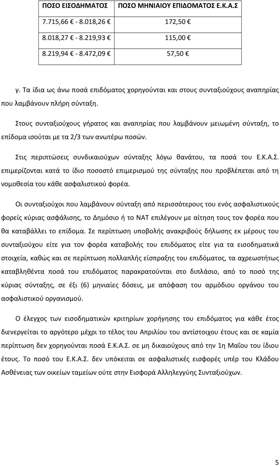 Στους συνταξιούχους γήρατος και αναπηρίας που λαμβάνουν μειωμένη σύνταξη, το επίδομα ισούται με τα 2/3 των ανωτέρω ποσών. Στις περιπτώσεις συνδικαιούχων σύνταξης λόγω θανάτου, τα ποσά του Ε.Κ.Α.Σ. επιμερίζονται κατά το ίδιο ποσοστό επιμερισμού της σύνταξης που προβλέπεται από τη νομοθεσία του κάθε ασφαλιστικού φορέα.