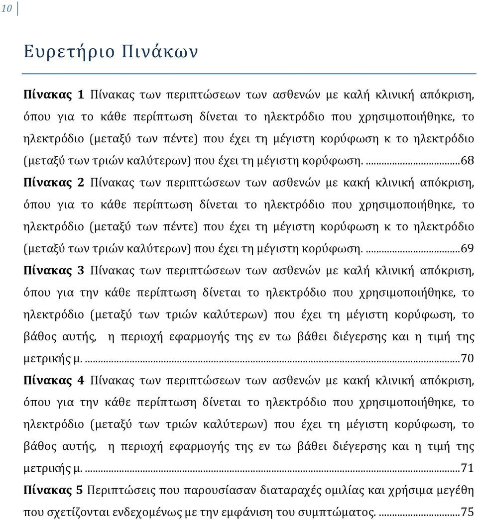 ... 68 Πίνακας 2 Πίνακας των περιπτώσεων των ασθενών με κακή κλινική απόκριση, όπου για το κάθε περίπτωση δίνεται το ηλεκτρόδιο που χρησιμοποιήθηκε, το ηλεκτρόδιο (μεταξύ των πέντε) που .