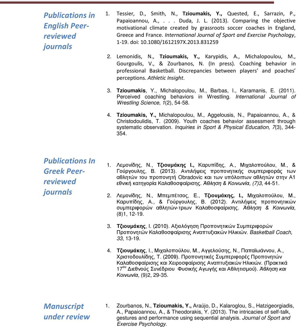 2013.831259 2. Lemonidis, N., Tzioumakis, Y., Karypidis, A., Michalopoulou, M., Gourgoulis, V., & Zourbanos, N. (In press). Coaching behavior in professional Basketball.
