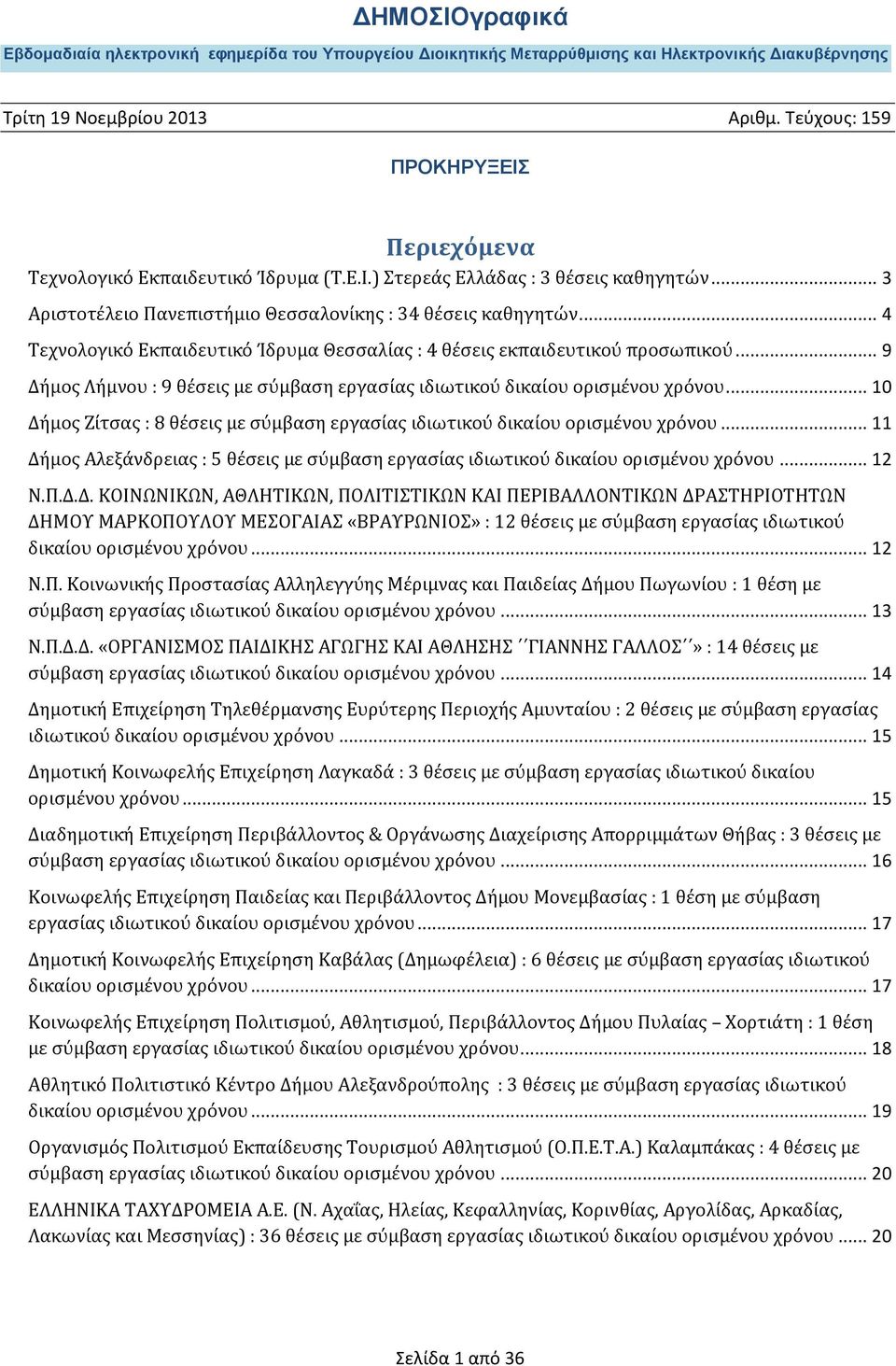 .. 10 Δήμος Ζίτσας : 8 θέσεις με σύμβαση εργασίας ιδιωτικού δικαίου ορισμένου χρόνου... 11 Δήμος Αλεξάνδρειας : 5 θέσεις με σύμβαση εργασίας ιδιωτικού δικαίου ορισμένου χρόνου... 12 Ν.Π.Δ.Δ. ΚΟΙΝΩΝΙΚΩΝ, ΑΘΛΗΤΙΚΩΝ, ΠΟΛΙΤΙΣΤΙΚΩΝ ΚΑΙ ΠΕΡΙΒΑΛΛΟΝΤΙΚΩΝ ΔΡΑΣΤΗΡΙΟΤΗΤΩΝ ΔΗΜΟΥ ΜΑΡΚΟΠΟΥΛΟΥ ΜΕΣΟΓΑΙΑΣ «ΒΡΑΥΡΩΝΙΟΣ» : 12 θέσεις με σύμβαση εργασίας ιδιωτικού δικαίου ορισμένου χρόνου.