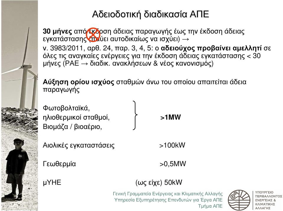 3, 4, 5: οαδειούχοςπροβαίνειαµελλητίσε όλεςτιςαναγκαίεςενέργειεςγιατηνέκδοσηάδειαςεγκατάστασης < 30 µήνες (ΡΑΕ διαδικ.