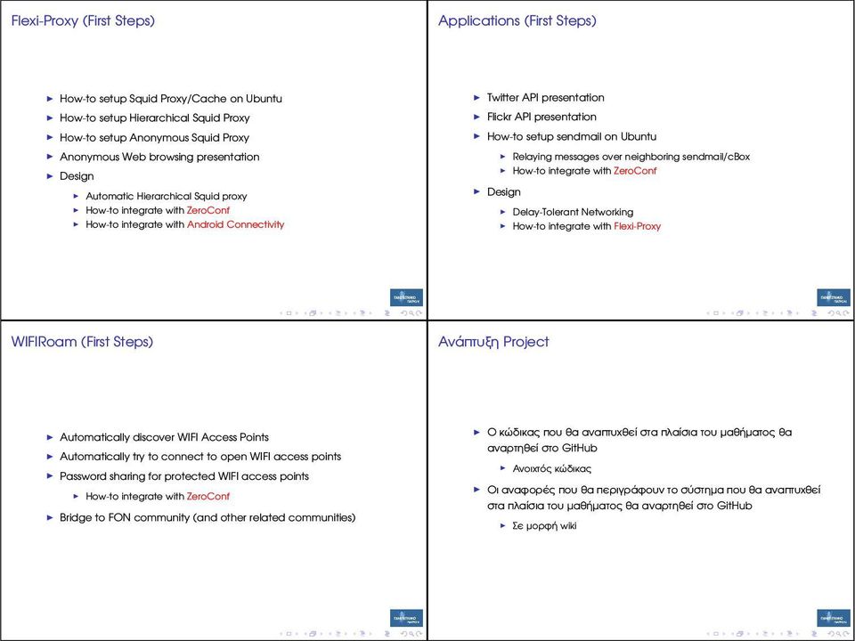 Ubuntu Relaying messages over neighboring sendmail/cbox How-to integrate with ZeroConf Delay-Tolerant Networking How-to integrate with Flexi-Proxy WFRoam (First Steps) Ανάπτυξη Project Automatically