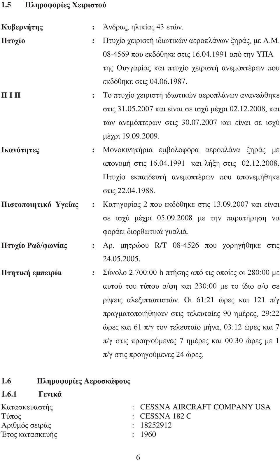 2008, και των ανεμόπτερων στις 30.07.2007 και είναι σε ισχύ μέχρι 19.09.2009. Ικανότητες : Μονοκινητήρια εμβολοφόρα αεροπλάνα ξηράς με απονομή στις 16.04.1991 και λήξη στις 02.12.2008. Πτυχίο εκπαιδευτή ανεμοπτέρων που απονεμήθηκε στις 22.
