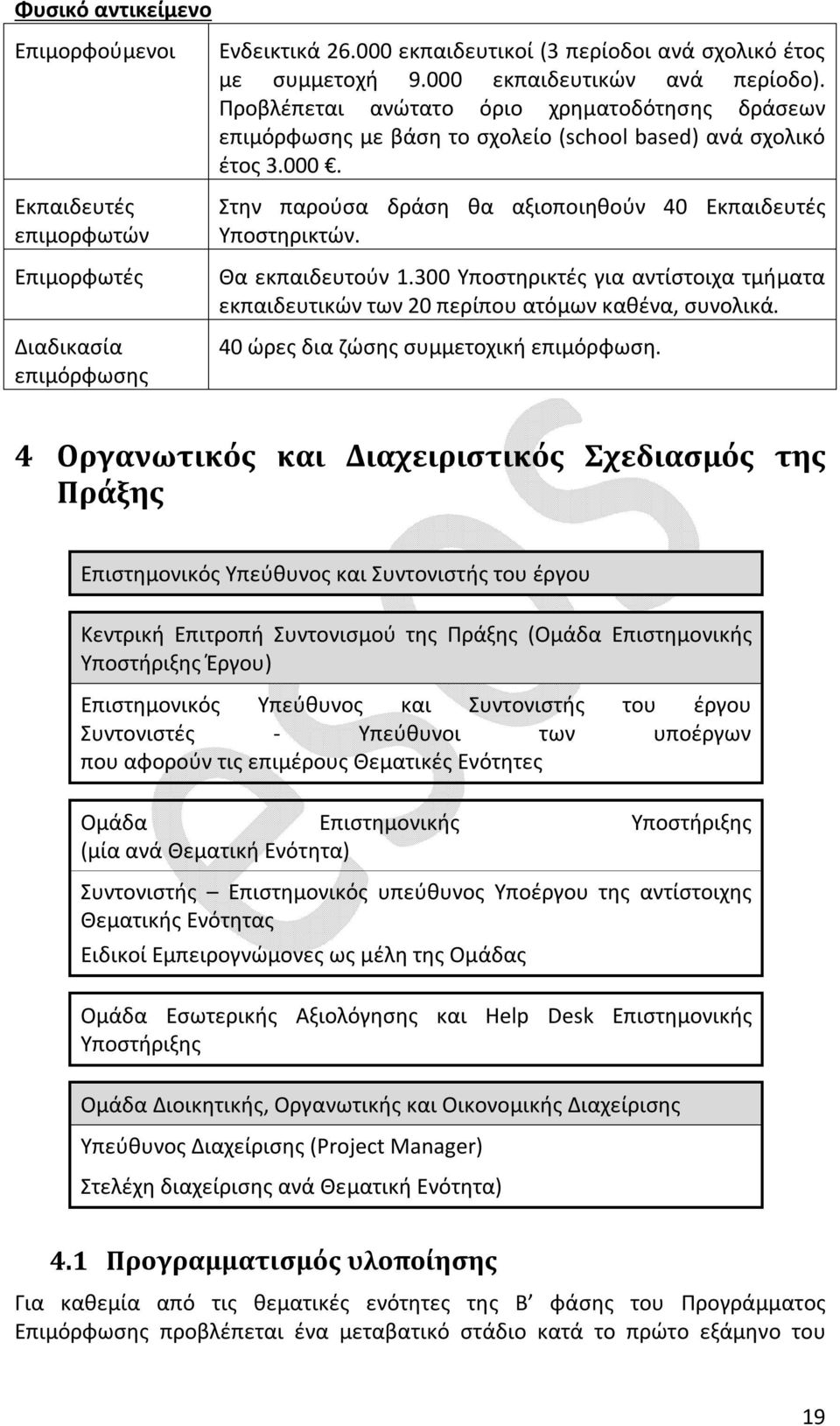 300 Υποστηρικτές για αντίστοιχα τμήματα εκπαιδευτικών των 20 περίπου ατόμων καθένα, συνολικά. 40 ώρες δια ζώσης συμμετοχική επιμόρφωση.