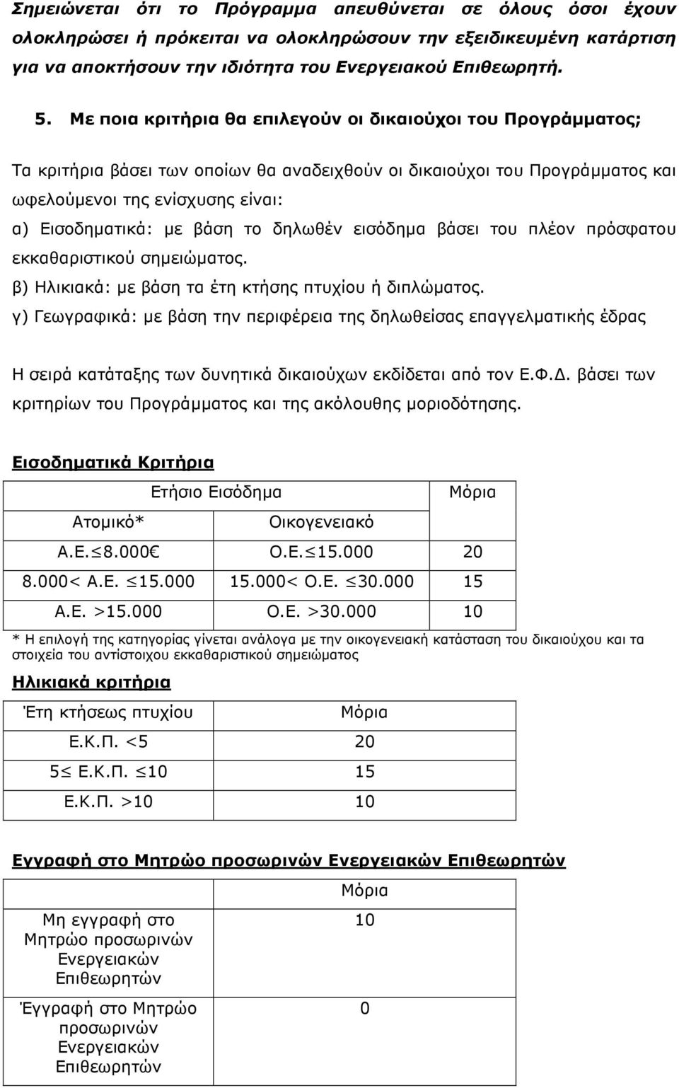 το δηλωθέν εισόδηµα βάσει του πλέον πρόσφατου εκκαθαριστικού σηµειώµατος. β) Ηλικιακά: µε βάση τα έτη κτήσης πτυχίου ή διπλώµατος.