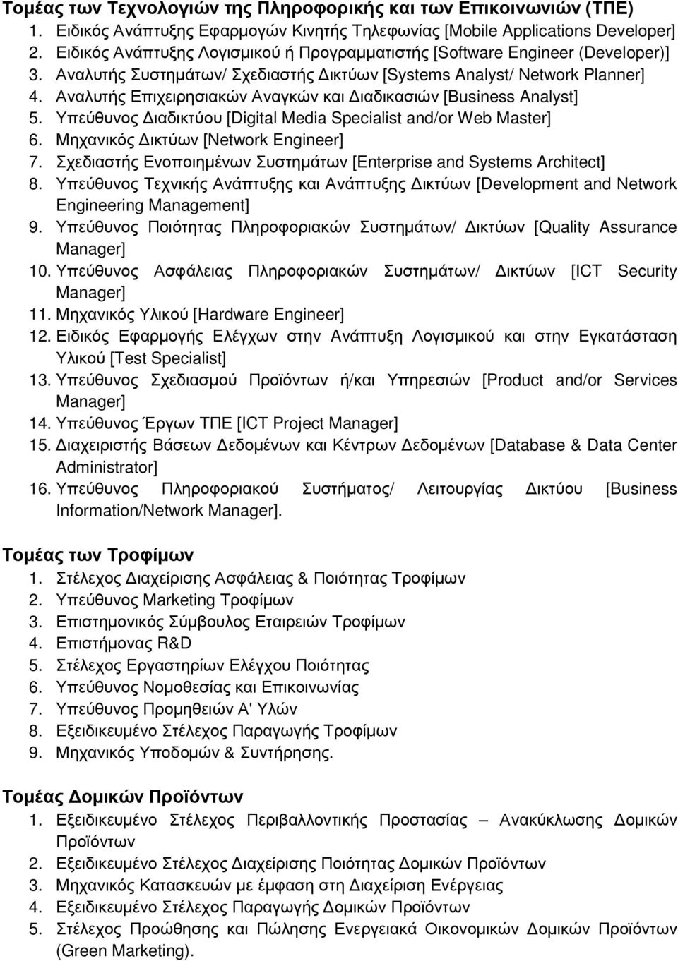 Αναλυτής Επιχειρησιακών Αναγκών και ιαδικασιών [Business Analyst] 5. Υπεύθυνος ιαδικτύου [Digital Media Specialist and/or Web Master] 6. Μηχανικός ικτύων [Network Engineer] 7.