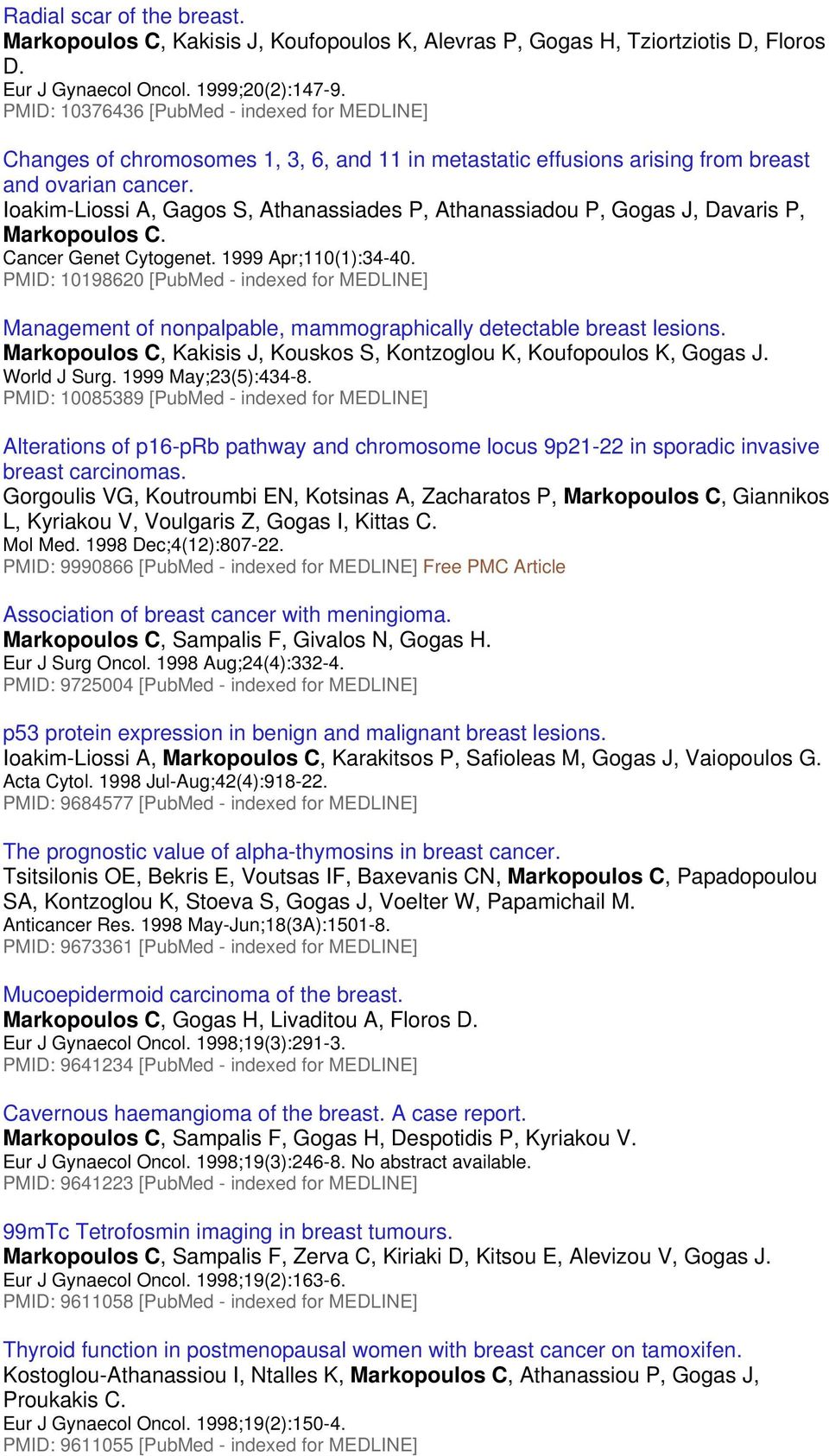Ioakim-Liossi A, Gagos S, Athanassiades P, Athanassiadou P, Gogas J, Davaris P, Markopoulos C. Cancer Genet Cytogenet. 1999 Apr;110(1):34-40.