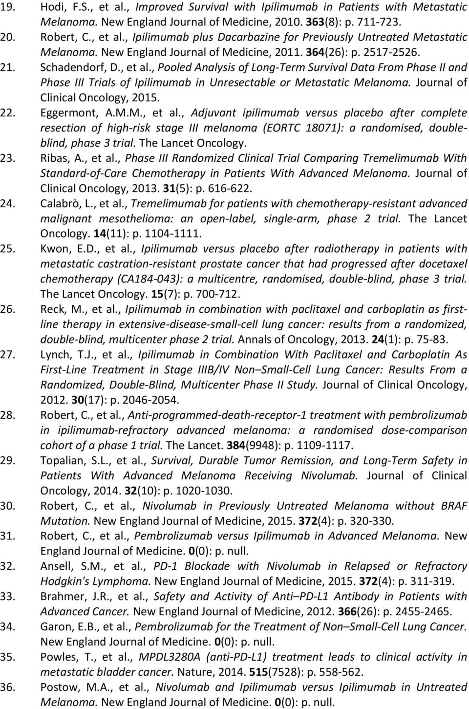 , Pooled Analysis of Long-Term Survival Data From Phase II and Phase III Trials of Ipilimumab in Unresectable or Metastatic Melanoma. Journal of Clinical Oncology, 2015. 22. Eggermont, A.M.M., et al.