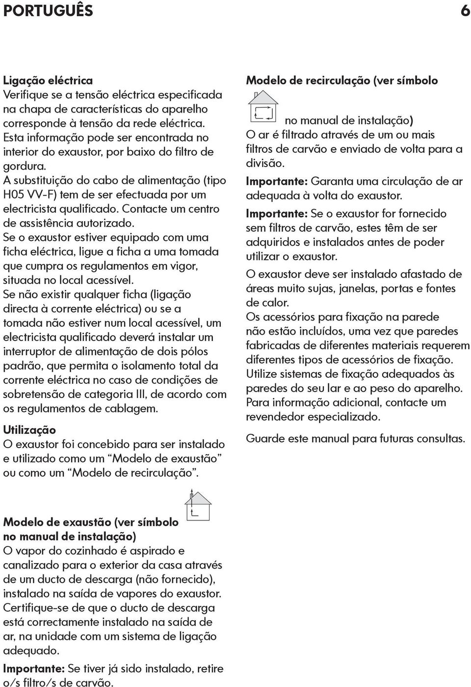 Contacte um centro de assistência autorizado. Se o exaustor estiver equipado com uma ficha eléctrica, ligue a ficha a uma tomada que cumpra os regulamentos em vigor, situada no local acessível.