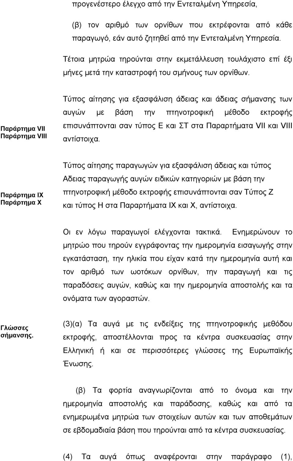 Παράρτηµα VII Παράρτηµα VIII Τύπος αίτησης για εξασφάλιση άδειας και άδειας σήµανσης των αυγών µε βάση την πτηνοτροφική µέθοδο εκτροφής επισυνάπτονται σαν τύπος Ε και ΣΤ στα Παραρτήµατα VII και VIII