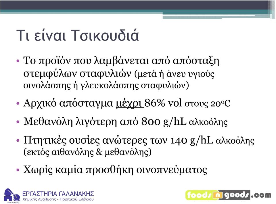 στους 20 ο C Μεθανόλη λιγότερη από 800 g/hl αλκοόλης Πτητικές ουσίες ανώτερες των