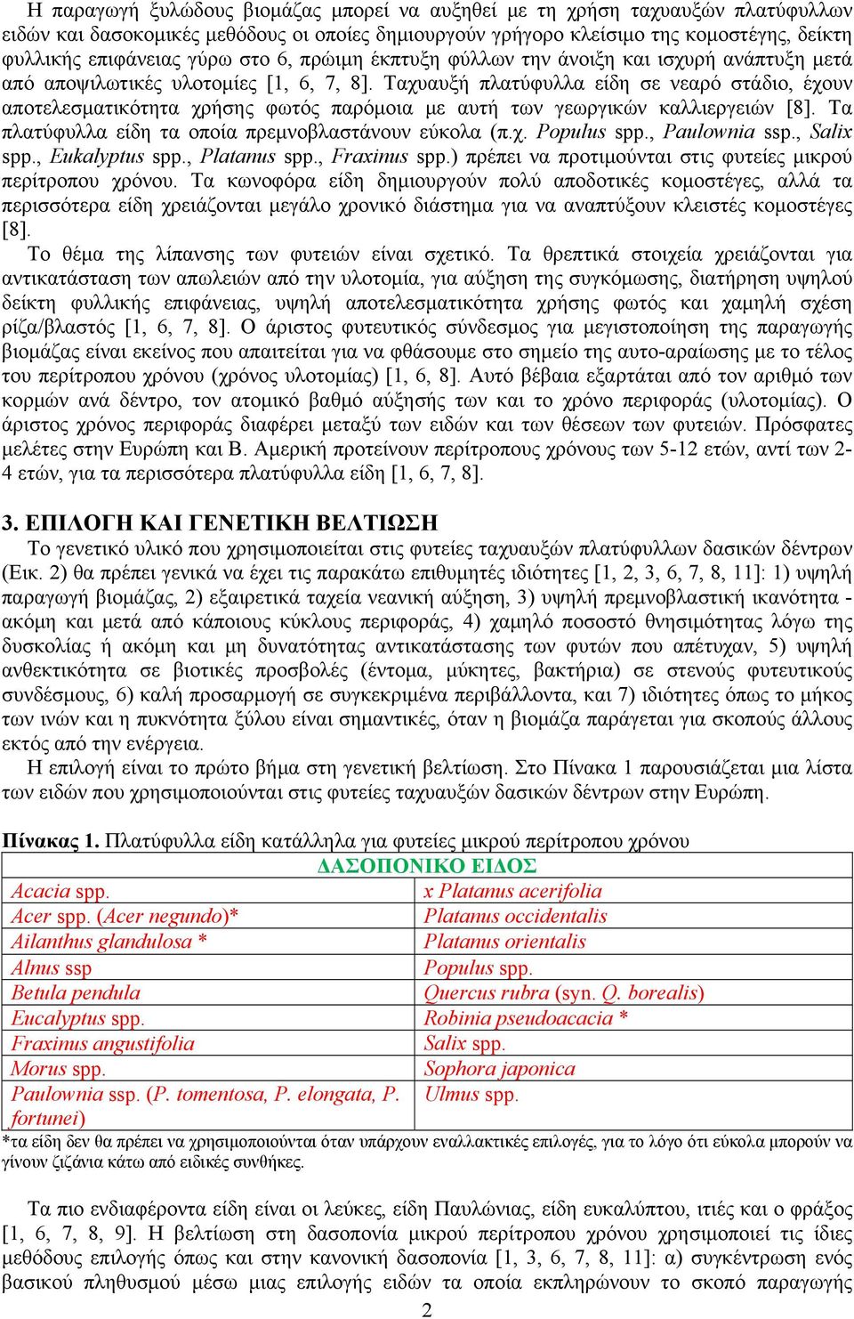 Ταχυαυξή πλατύφυλλα είδη σε νεαρό στάδιο, έχουν αποτελεσματικότητα χρήσης φωτός παρόμοια με αυτή των γεωργικών καλλιεργειών [8]. Τα πλατύφυλλα είδη τα οποία πρεμνοβλαστάνουν εύκολα (π.χ. Populus spp.