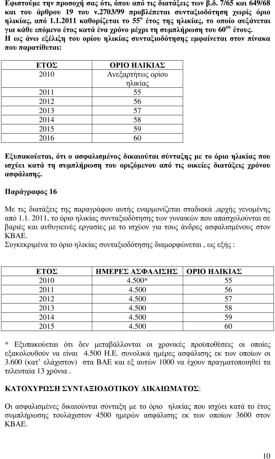 1.2011 καθορίζεται το 55 ο έτος της ηλικίας, το οποίο αυξάνεται για κάθε επόµενο έτος κατά ένα χρόνο µέχρι τη συµπλήρωση του 60 ου έτους.