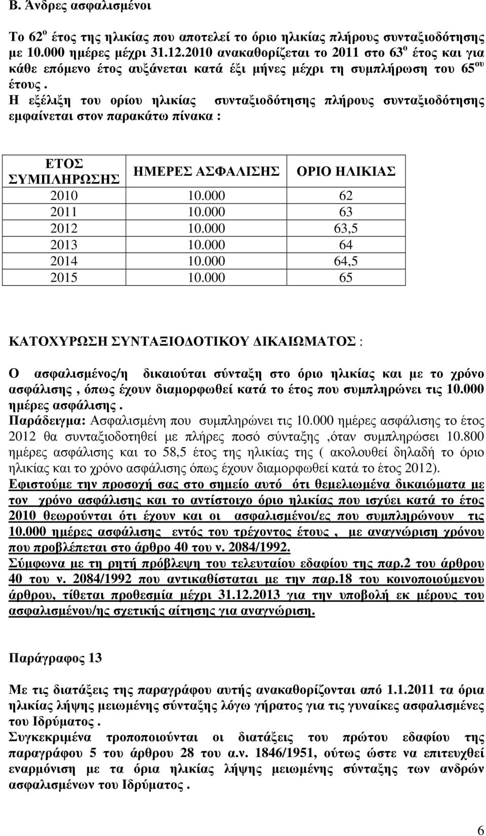 Η εξέλιξη του ορίου ηλικίας συνταξιοδότησης πλήρους συνταξιοδότησης εµφαίνεται στον παρακάτω πίνακα : ΕΤΟΣ ΗΜΕΡΕΣ ΑΣΦΑΛΙΣΗΣ ΟΡΙΟ ΗΛΙΚΙΑΣ ΣΥΜΠΛΗΡΩΣΗΣ 2010 10.000 62 2011 10.000 63 2012 10.