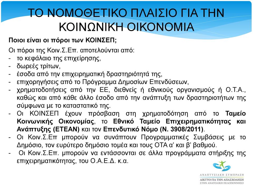 διεθνείς ή εθνικούς οργανισμούς ή Ο.Τ.Α., καθώς και από κάθε άλλο έσοδο από την ανάπτυξη των δραστηριοτήτων της σύμφωνα με το καταστατικό της.