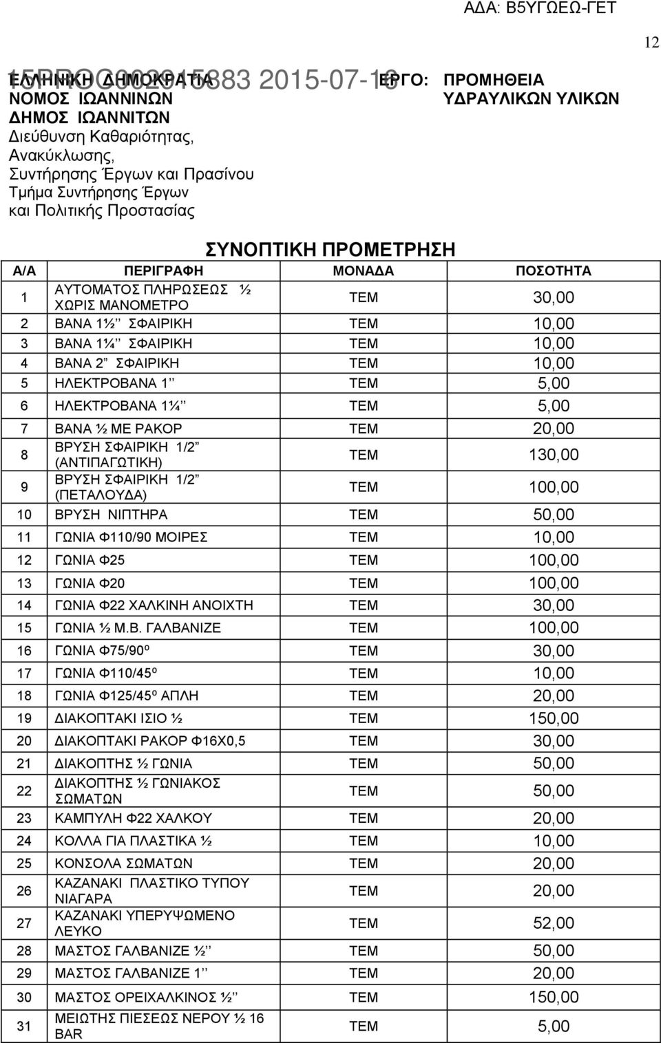 ΗΛΕΚΤΡΟΒΑΝΑ 1 TEM 5,00 6 ΗΛΕΚΤΡΟΒΑΝΑ 1¼ TEM 5,00 7 ΒΑΝΑ ½ ΜΕ ΡΑΚΟΡ ΤΕΜ 20,00 8 ΒΡΥΣΗ ΣΦΑΙΡΙΚΗ 1/2 (ΑΝΤΙΠΑΓΩΤΙΚΗ) 9 ΒΡΥΣΗ ΣΦΑΙΡΙΚΗ 1/2 (ΠΕΤΑΛΟΥΔΑ) ΤΕΜ 130,00 ΤΕΜ 100,00 10 ΒΡΥΣΗ ΝΙΠΤΗΡΑ ΤΕΜ 50,00 11