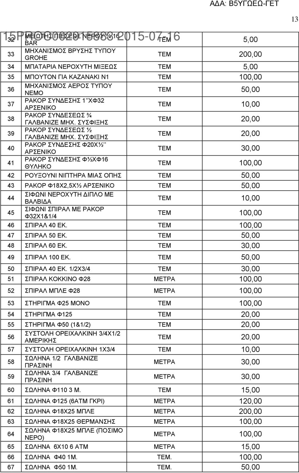 ΣΥΣΦΙΞΗΣ ΤΕΜ 20,00 40 ΡΑΚΟΡ ΣΥΝΔΕΣΗΣ Φ20Χ½ ΑΡΣΕΝΙΚΟ ΤΕΜ 30,00 41 ΡΑΚΟΡ ΣΥΝΔΕΣΗΣ Φ½ΧΦ16 ΘΥΛΗΚΟ ΤΕΜ 100,00 42 ΡΟΥΞΟΥΝΙ ΝΙΠΤΗΡΑ ΜΙΑΣ ΟΠΗΣ ΤΕΜ 50,00 43 ΡΑΚΟΡ Φ18Χ2,5Χ½ ΑΡΣΕΝΙΚΟ ΤΕΜ 50,00 44 ΣΙΦΩΝΙ