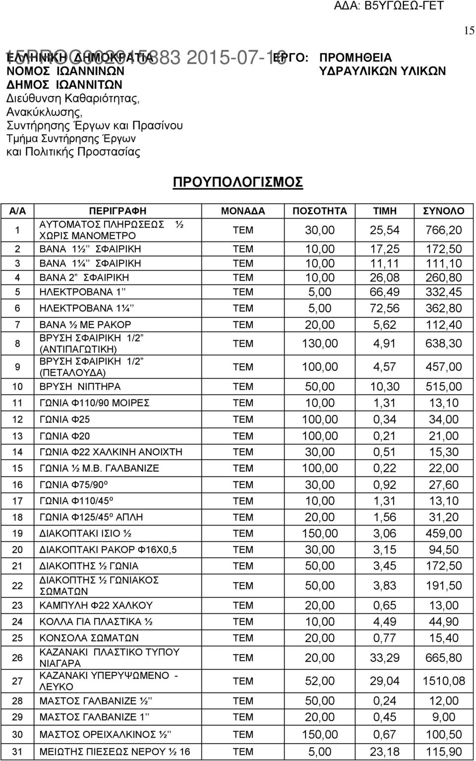 10,00 11,11 111,10 4 ΒΑΝΑ 2 ΣΦΑΙΡΙΚΗ ΤΕΜ 10,00 26,08 260,80 5 ΗΛΕΚΤΡΟΒΑΝΑ 1 TEM 5,00 66,49 332,45 6 ΗΛΕΚΤΡΟΒΑΝΑ 1¼ TEM 5,00 72,56 362,80 7 ΒΑΝΑ ½ ΜΕ ΡΑΚΟΡ ΤΕΜ 20,00 5,62 112,40 8 9 ΒΡΥΣΗ ΣΦΑΙΡΙΚΗ 1/2