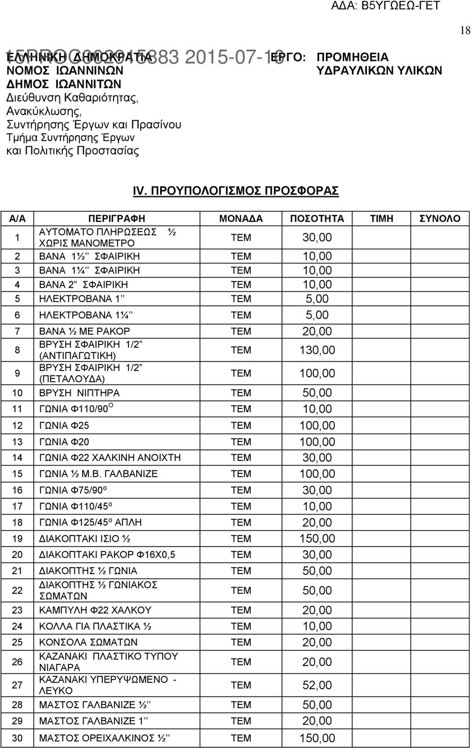 ΠΡΟΥΠΟΛΟΓΙΣΜΟΣ ΠΡΟΣΦΟΡΑΣ Α/Α ΠΕΡΙΓΡΑΦΗ ΜΟΝΑΔΑ ΠΟΣΟΤΗΤΑ ΤΙΜΗ ΣΥΝΟΛΟ 1 ΑΥΤΟΜΑΤΟ ΠΛΗΡΩΣΕΩΣ ½ ΧΩΡΙΣ ΜΑΝΟΜΕΤΡΟ ΤΕΜ 30,00 2 ΒΑΝΑ 1½ ΣΦΑΙΡΙΚΗ ΤΕΜ 10,00 3 ΒΑΝΑ 1¼ ΣΦΑΙΡΙΚΗ ΤΕΜ 10,00 4 ΒΑΝΑ 2 ΣΦΑΙΡΙΚΗ ΤΕΜ