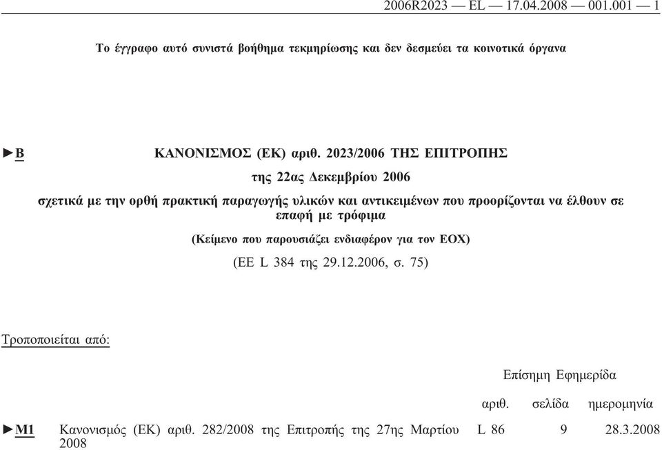 2023/2006 ΤΗΣ ΕΠΙΤΡΟΠΗΣ της 22ας Δεκεμβρίου 2006 σχετικά με την ορθή πρακτική παραγωγής υλικών και αντικειμένων που προορίζονται να